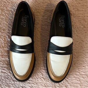 Franco Sarto Tri-Color Loafers in Black, White, and Tan